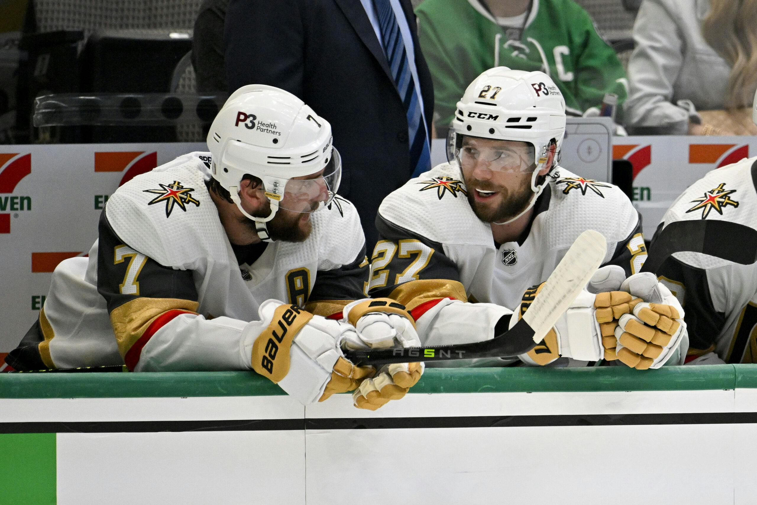 Shea Theodore and Alex Pietrangelo of the Vegas Golden Knights.