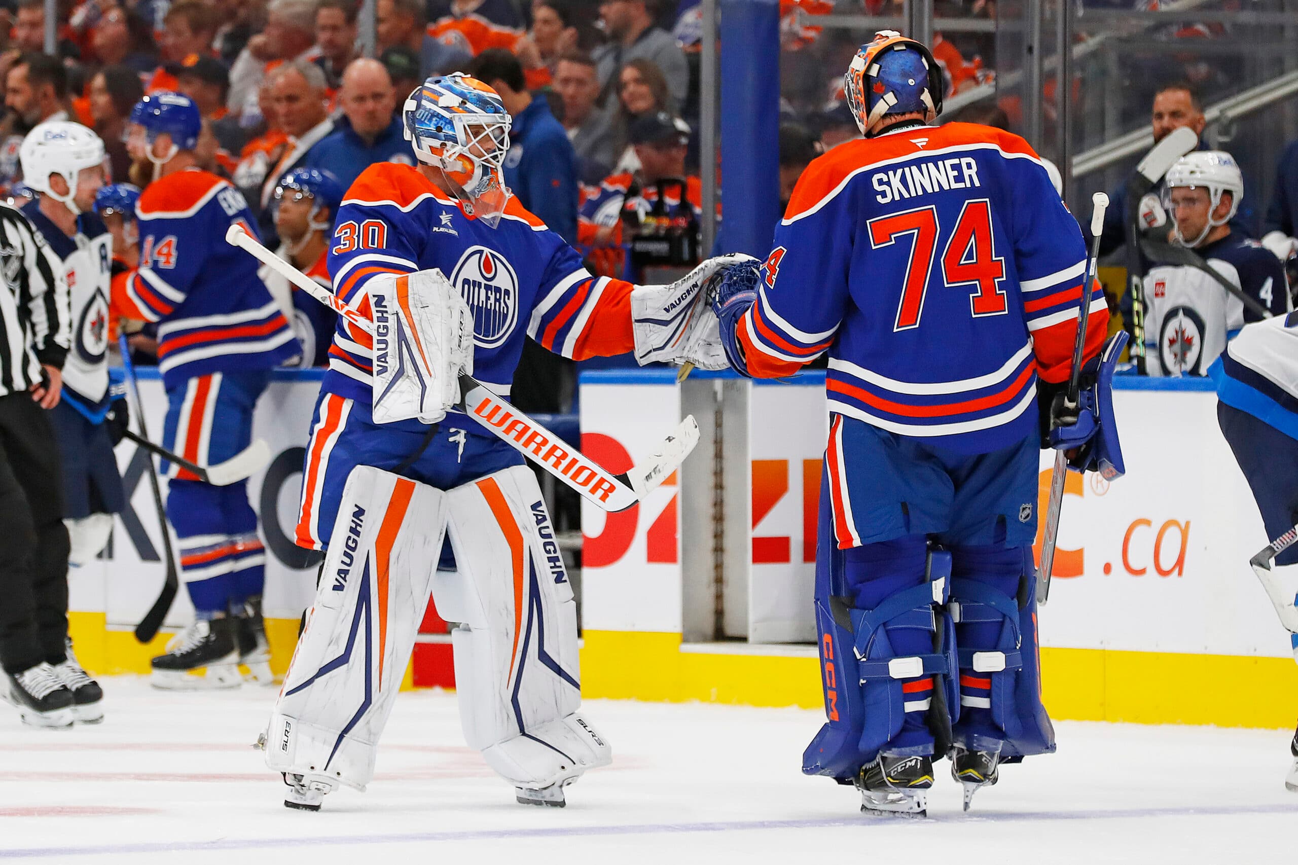 Edmonton Oilers goalies Stuart Skinner and Cal Pickard.