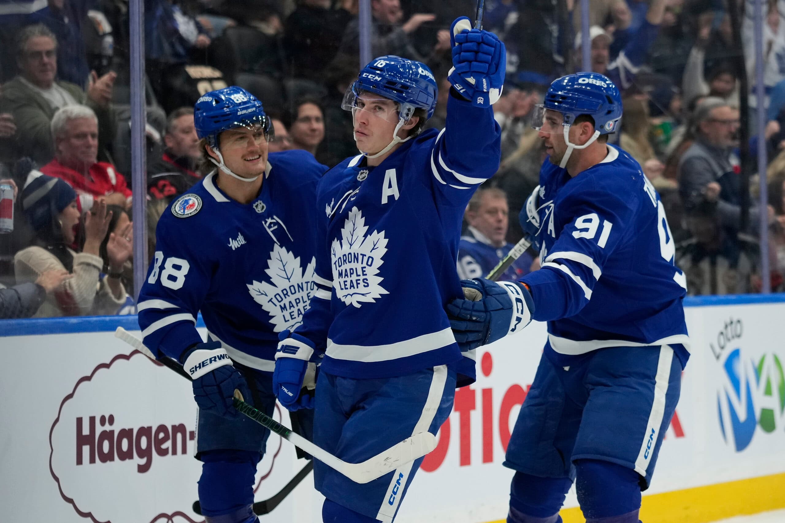 Toronto Maple Leafs forwards John Tavares, William Nylander and Mitch Marner.